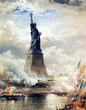 Edward Moran's 'Unveiling of the Statue of Liberty Enlightening the World' (1886): The painting captures the festive unveiling of the Statue of Liberty, with the statue centered against a cloudy sky, surrounded by smoke from salutes and a vivid flotilla of flag-adorned boats carrying onlookers.
